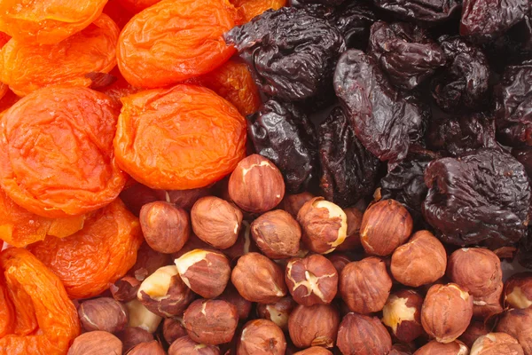 Dried fruits and hazelnuts backgtound Dried fruits and hazelnuts backgtound — Stock Photo, Image