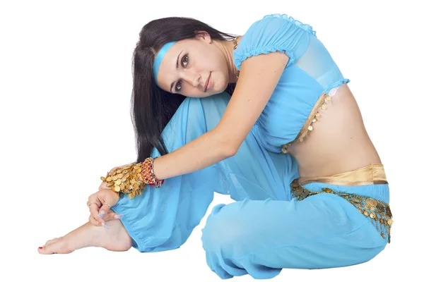 Pancia ragazza in orientale danza blu vestiti — Foto Stock