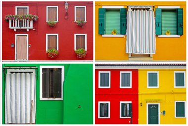 renkli binalar burano Adası güneşli sokak, İtalya