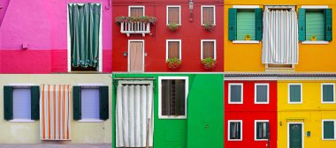 renkli binalar burano Adası güneşli sokak, İtalya