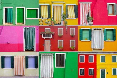 renkli binalar burano Adası güneşli sokak, İtalya