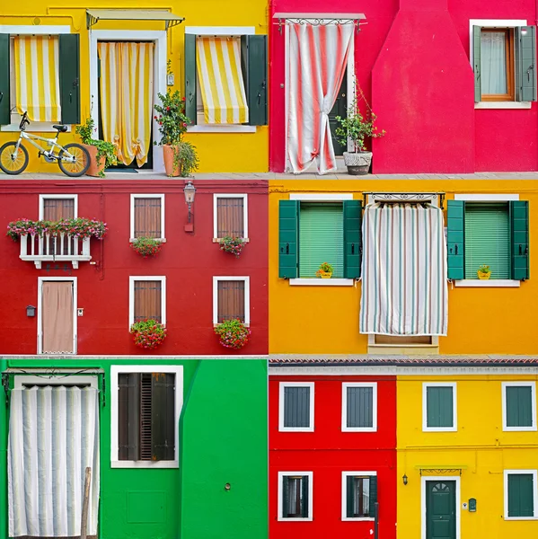 Colorful buildings in Burano island sunny street , Italy — Stock Photo, Image