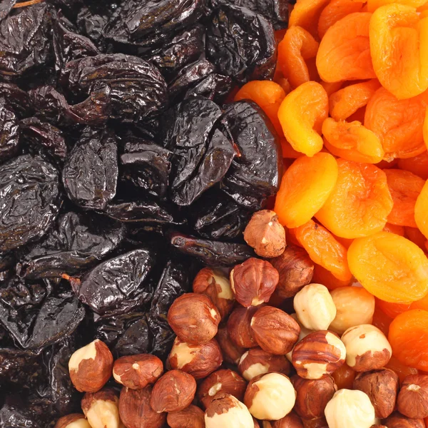Dried fruits and hazelnuts backgtound — Stock Photo, Image
