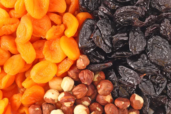 Dried fruits and hazelnuts backgtound — Stock Photo, Image