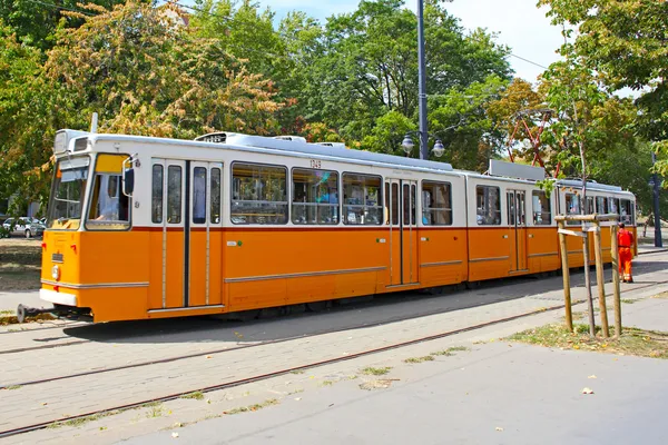 Orangefarbene Straßenbahn auf der Straße von Budapest, Ungarn — Stockfoto