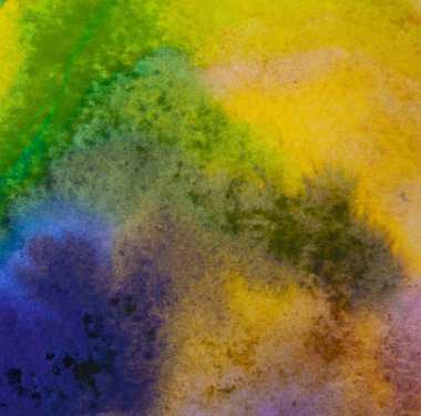 Yeşil, mavi ve sarı renkli soyut suluboya resim