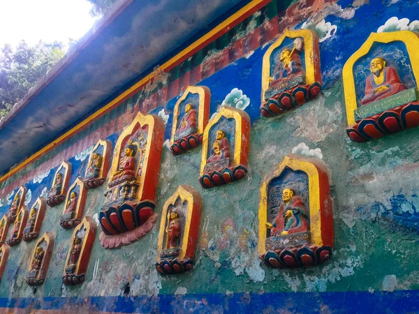 Kathmandu Nepal Setembro 2018 Vista Das Pinturas Buda Templo Macaco — Fotografia de Stock