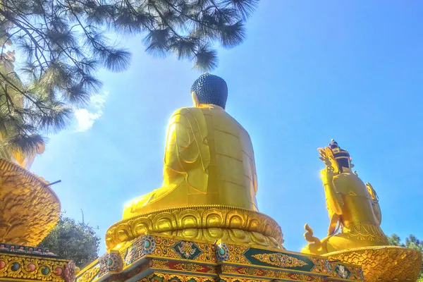 Grandes Estátuas Ouro Avalokiteshvara Buda Shakyamuni Padmasambhava Tronos Lótus Parque — Fotografia de Stock