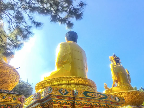 Grote Gouden Beelden Van Avalokiteshvara Boeddha Shakyamuni Padmasambhava Lotustronen Boeddha — Stockfoto