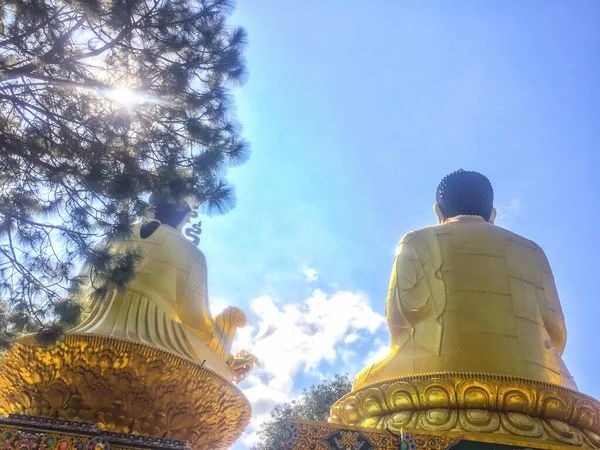 Wielkie Złote Posągi Awalokiteśwary Buddy Siakjamuniego Padmasambhawy Tronach Lotosu Parku — Zdjęcie stockowe