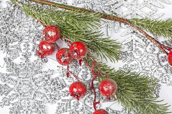 Twiter Holly Berries Silver Snowflakes Background — Stockfoto