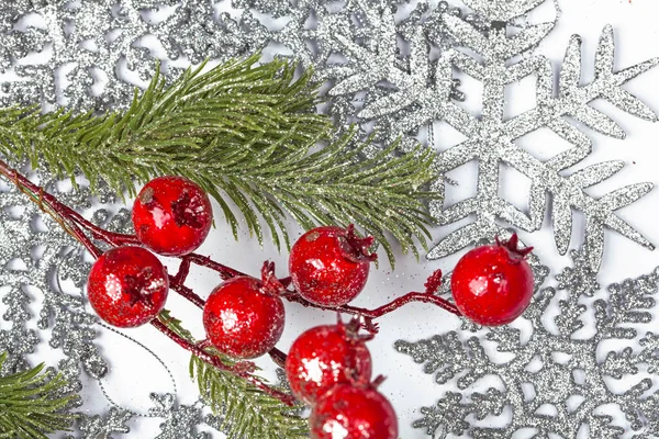 Twiter Holly Berries Silver Snowflakes Background — Stockfoto