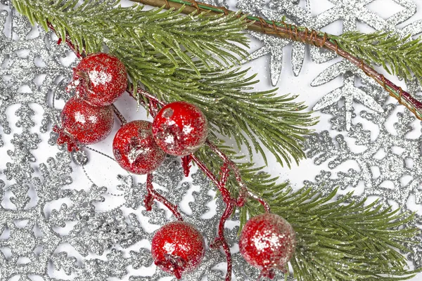 Twiter Holly Berries Silver Snowflakes Background — Stockfoto