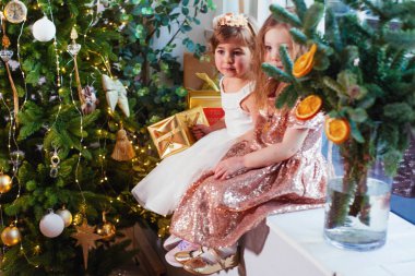 Noel ağacının yanında iki küçük kız arkadaş var.