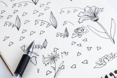 Lots of pen  graphic drawing of different fruits , black on white
