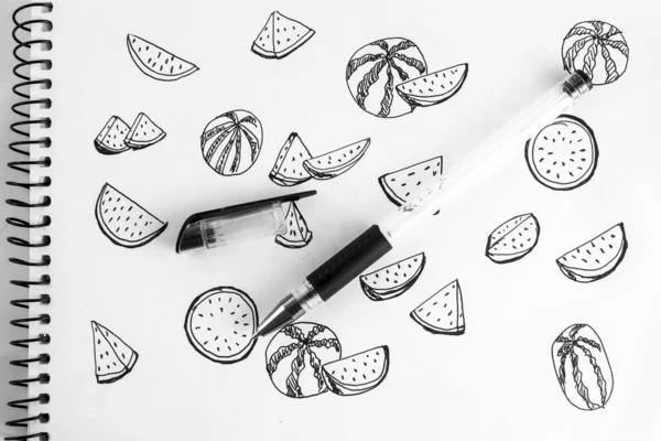 Lots Pen Graphic Drawing Watermalon Black White — Stock Photo, Image