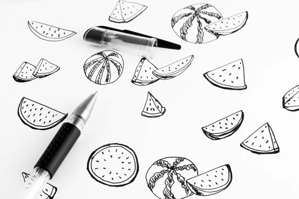 Lots Pen Graphic Drawing Watermalon Black White — Stock Photo, Image