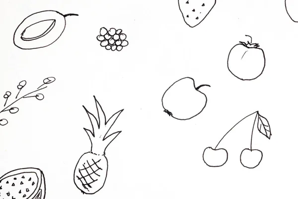 Lots Pen Graphic Drawing Different Fruits Black White — Stock Fotó