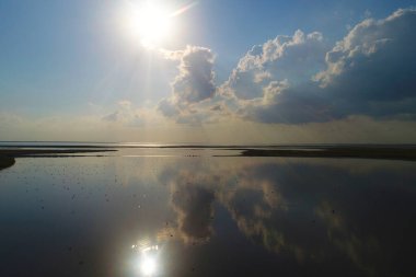 Nature drone sea view with clouds reflections on Arabatskaya Strelka , Ukraine