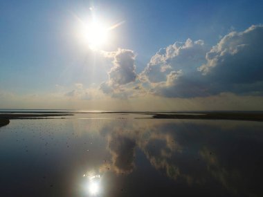 Nature drone sea view with clouds reflections on Arabatskaya Strelka , Ukraine