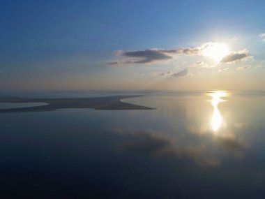 Nature drone sea view with clouds reflections on Arabatskaya Strelka , Ukraine