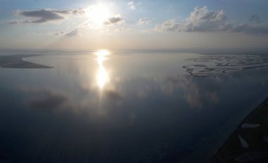Nature drone sea view with clouds reflections on Arabatskaya Strelka , Ukraine