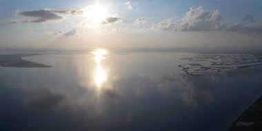 Nature drone sea view with clouds reflections on Arabatskaya Strelka , Ukraine