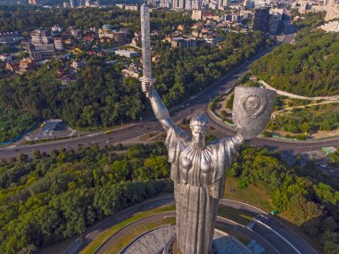 Motherland monument and Kyiv top view taken with drone, Ukraine