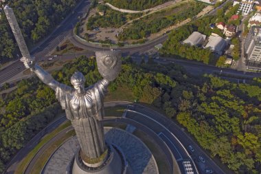 Motherland monument and Kyiv top view taken with drone, Ukraine