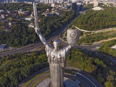 Motherland monument and Kyiv top view taken with drone, Ukraine