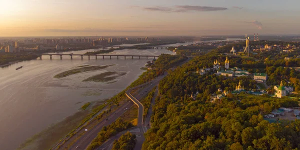 Kyivo Pecherska Lavra Dnipro River Sunrise Time Taken Drone Ukraine — Stock Photo, Image