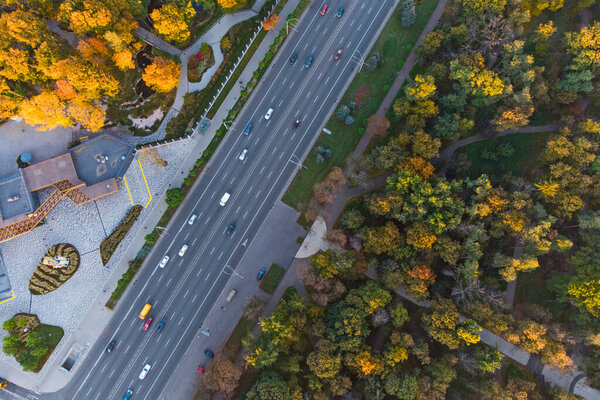 Aerial View of the Peremogy Avenue near KPI ukivercity, Kyiv, taken with drone