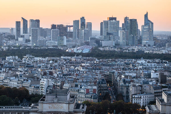 PARIS, FRANCE - October 6, 2016: Paris, France. La Defense, aerial view of business quarter. in sunset time