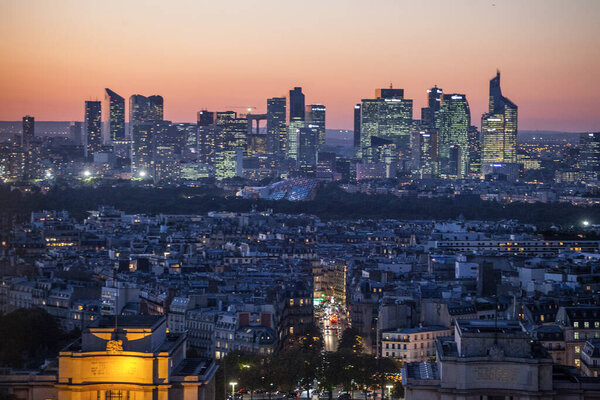 PARIS, FRANCE - October 6, 2016: Paris, France. La Defense, aerial view of business quarter. in sunset time