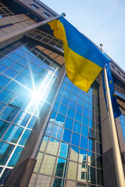 Brüksel, Belçika - 4 Haziran 2022: Ukrayna ve Avrupa bayraklı Avrupa Parlamentosu ofislerinin dışı.