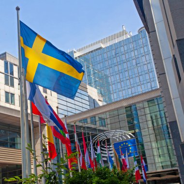 Brüksel, Belçika - 4 Haziran 2022: Avrupa Parlamentosu bayrakları.