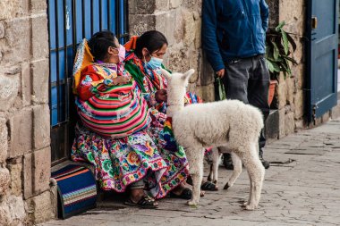Peru - 15 Mayıs 2022: Cuzco 'da geleneksel giyinmiş Perulu insanlar. 15 Mayıs 2022 'de Cusco, Peru' da, Lama 'nın yanındaki kadın.