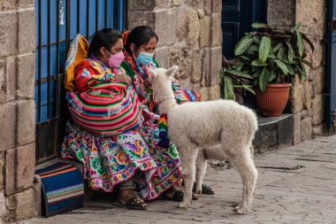 Peru - 15 Mayıs 2022: Cuzco 'da geleneksel giyinmiş Perulu insanlar. 15 Mayıs 2022 'de Cusco, Peru' da, Lama 'nın yanındaki kadın.