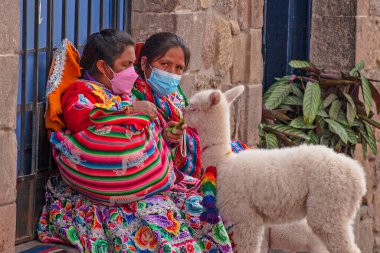 Peru - 15 Mayıs 2022: Cuzco 'da geleneksel giyinmiş Perulu insanlar. 15 Mayıs 2022 'de Cusco, Peru' da, Lama 'nın yanındaki kadın.