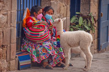 Peru - 15 Mayıs 2022: Cuzco 'da geleneksel giyinmiş Perulu insanlar. 15 Mayıs 2022 'de Cusco, Peru' da, Lama 'nın yanındaki kadın.