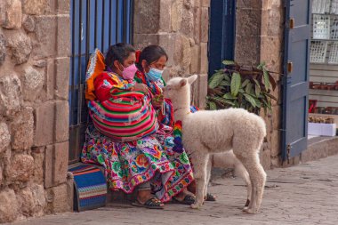 Peru - 15 Mayıs 2022: Cuzco 'da geleneksel giyinmiş Perulu insanlar. 15 Mayıs 2022 'de Cusco, Peru' da, Lama 'nın yanındaki kadın.
