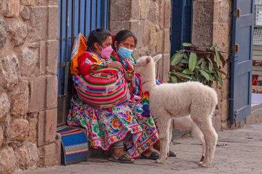 Peru - 15 Mayıs 2022: Cuzco 'da geleneksel giyinmiş Perulu insanlar. 15 Mayıs 2022 'de Cusco, Peru' da, Lama 'nın yanındaki kadın.