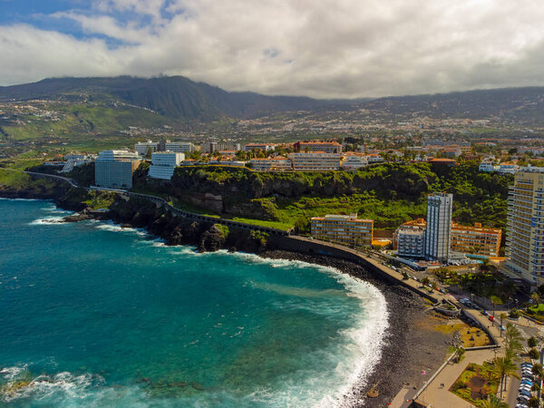 Aerial landscape with Puerto de la Crusz, Atlantic Ocean coast, Tenerife, Canary island, Spain