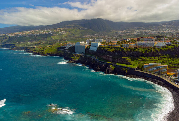 Aerial landscape with Puerto de la Crusz, Atlantic Ocean coast, Tenerife, Canary island, Spain