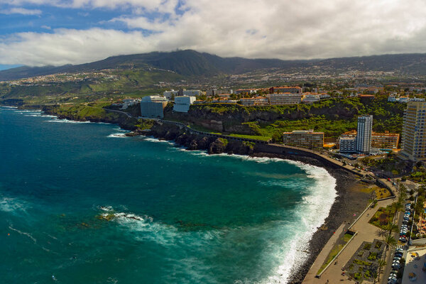 Aerial landscape with Puerto de la Crusz, Atlantic Ocean coast, Tenerife, Canary island, Spain