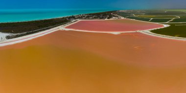 Pembe göller ve okyanus, Las Coloradas, Meksika 'da doğa.