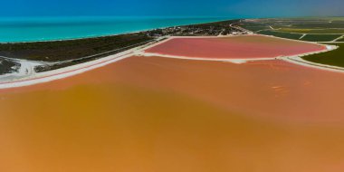 Pembe göller ve okyanus, Las Coloradas, Meksika 'da doğa.