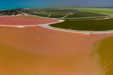 Pembe göller ve okyanus, Las Coloradas, Meksika 'da doğa.