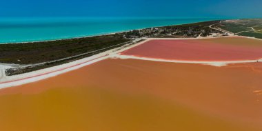 Pembe göller ve okyanus, Las Coloradas, Meksika 'da doğa.