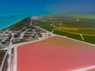 Pembe göller ve okyanus, Las Coloradas, Meksika 'da doğa.